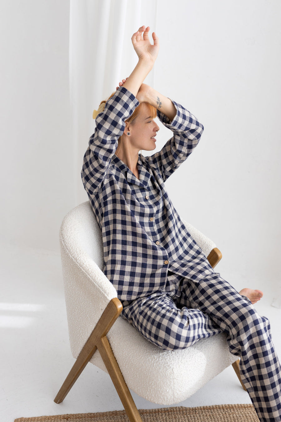 Deep Blue Gingham linen pajama set