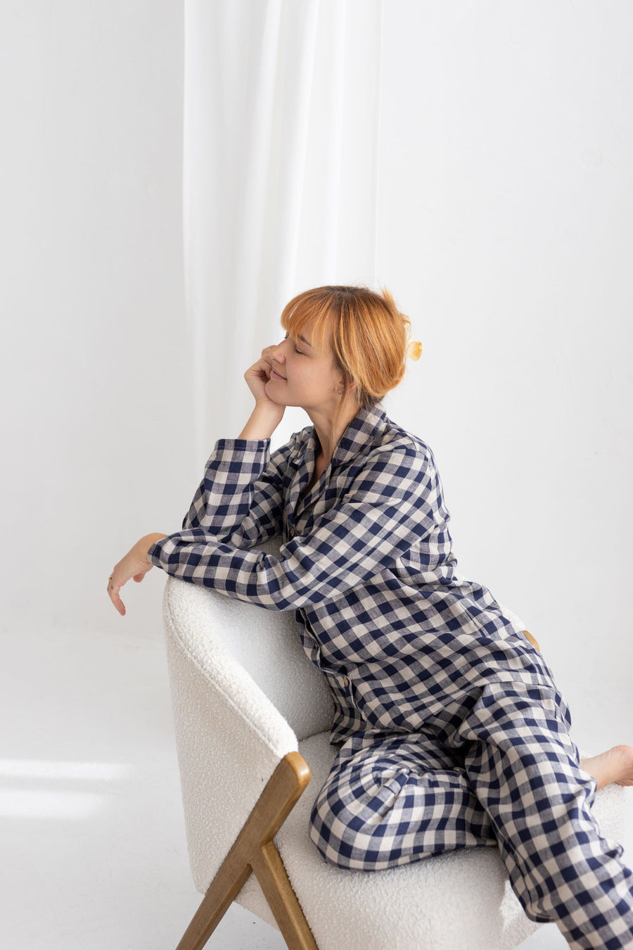Deep Blue Gingham Linen Pajama Set For Couple