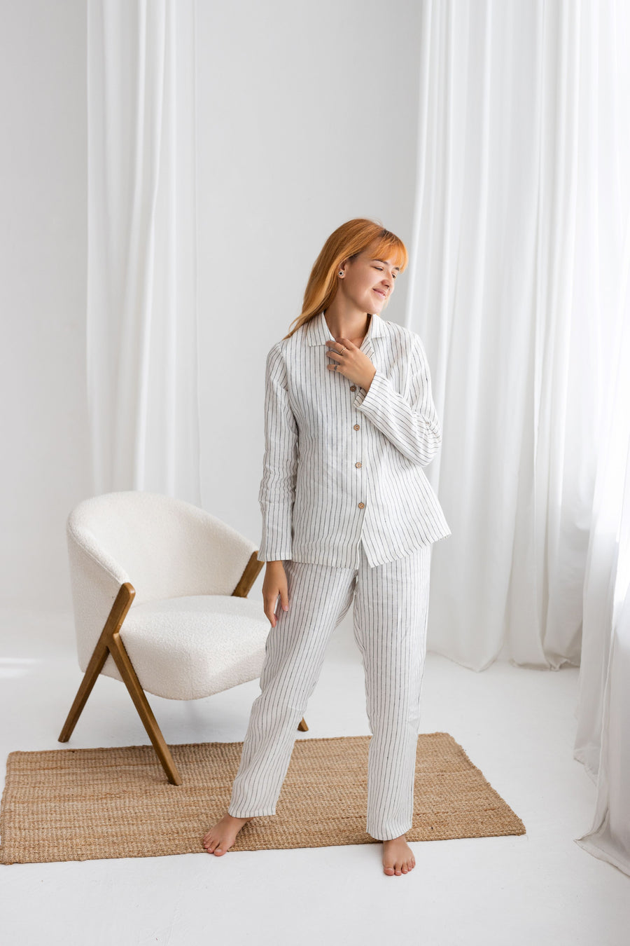 Milky White Pinstripe linen pajama set