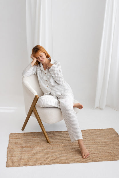 Milky White Pinstripe linen pajama set
