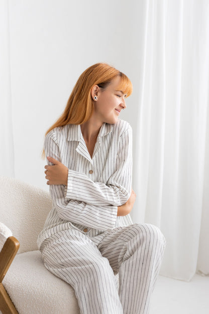 Milky White Pinstripe linen pajama set