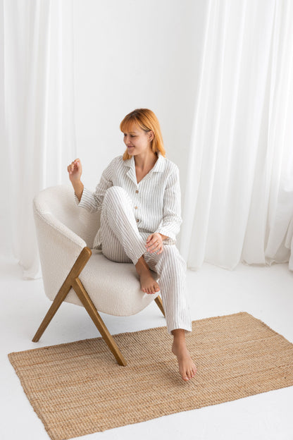 Milky White Pinstripe linen pajama set