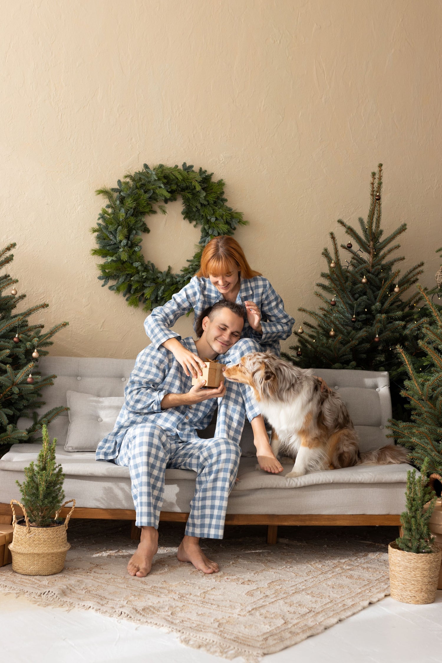 blue gingham women linen pajama set