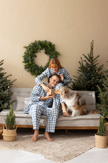blue gingham women linen pajama set
