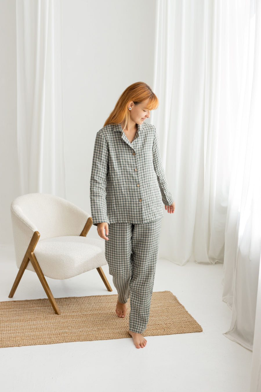 Gray Green Gingham linen pajama set
