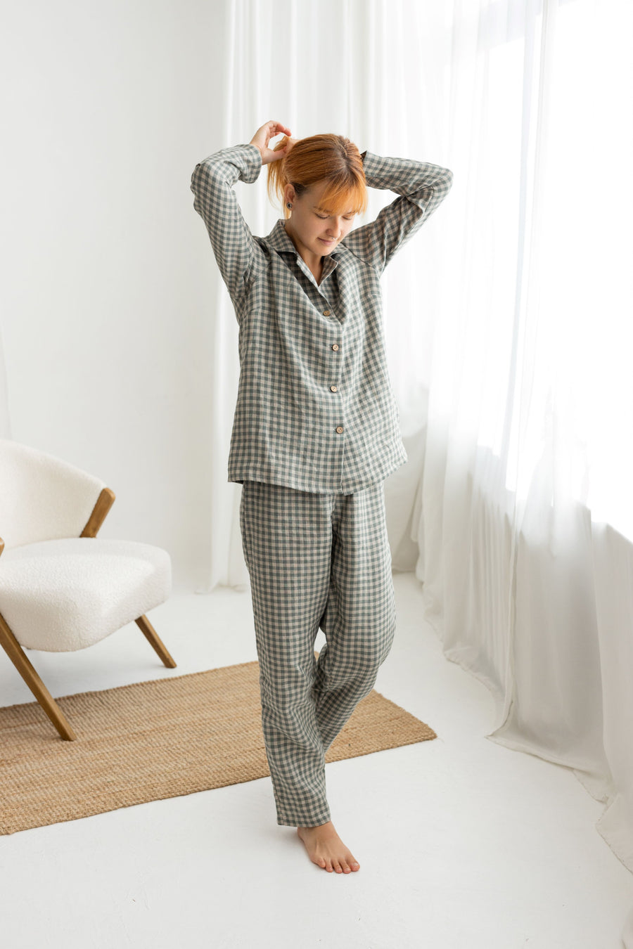 Gray Green Gingham linen pajama set