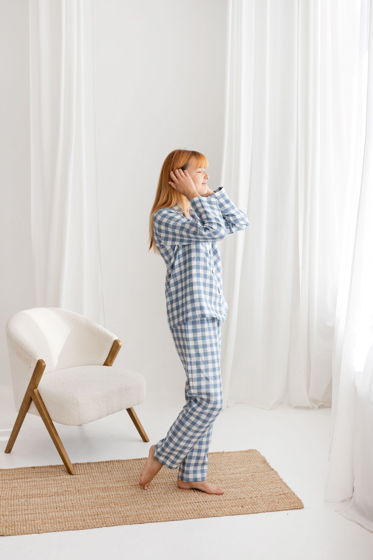blue gingham women linen pajama set