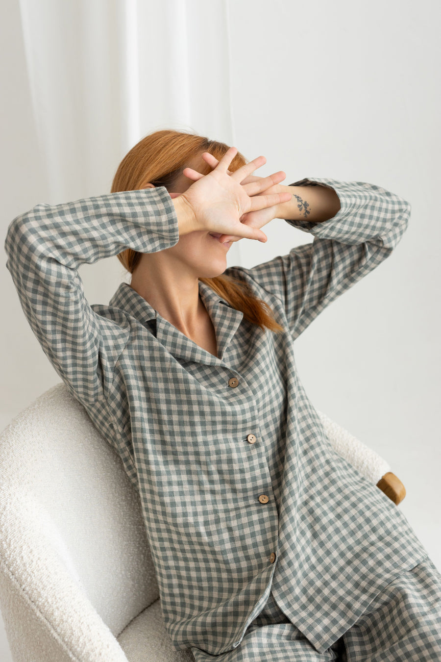 Gray Green Gingham linen pajama set