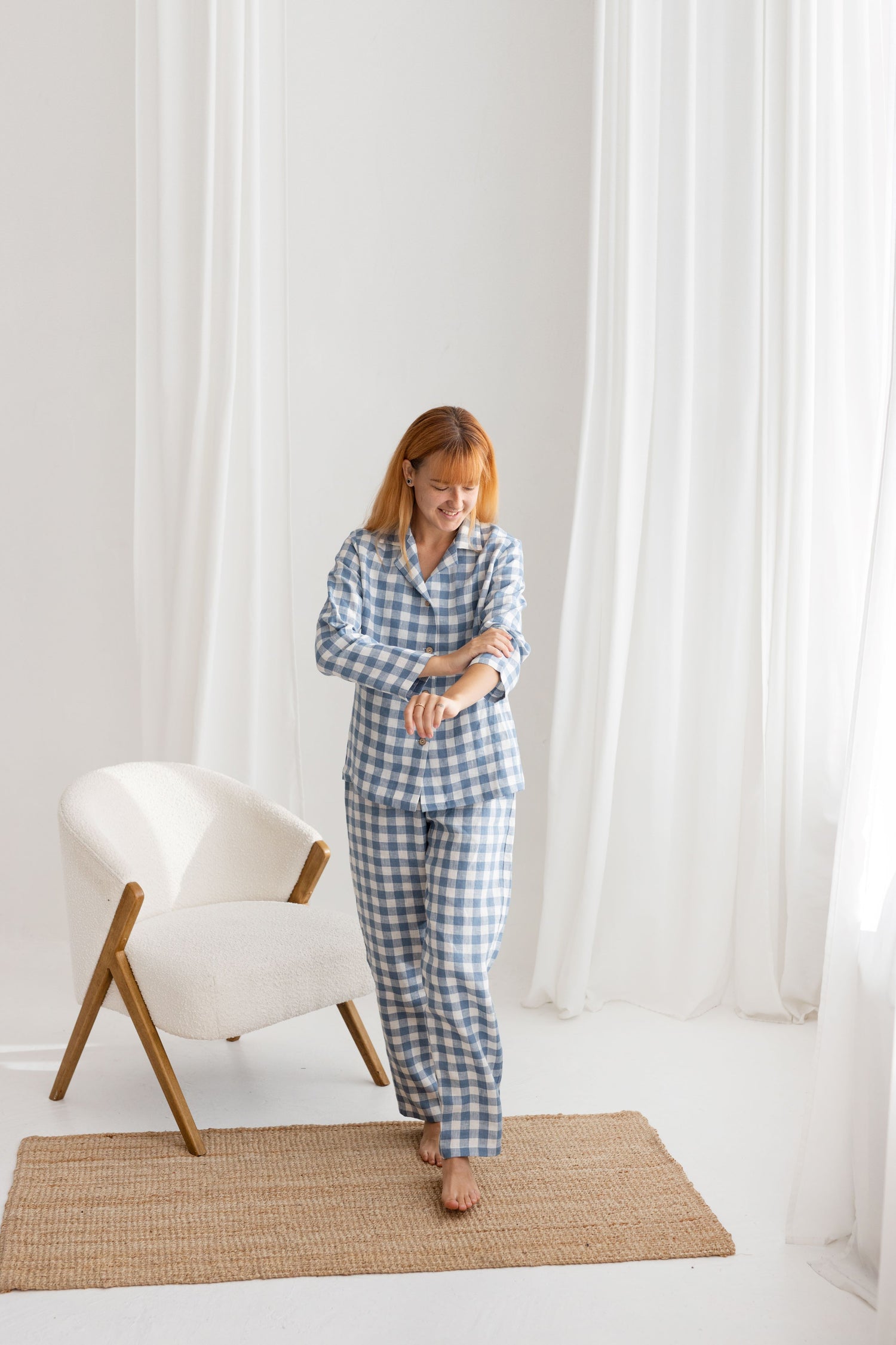 blue gingham women linen pajama set