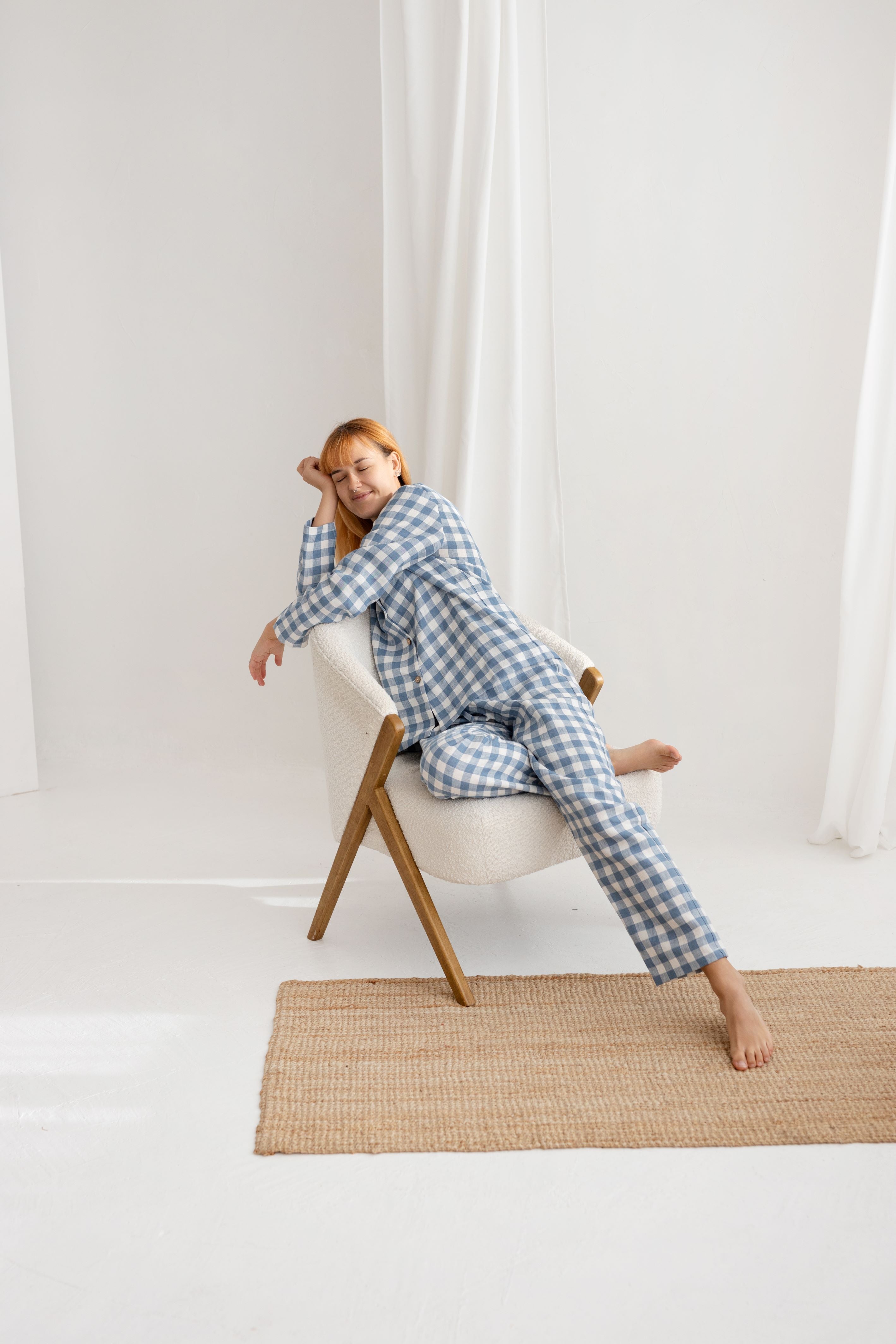 blue gingham women linen pajama set