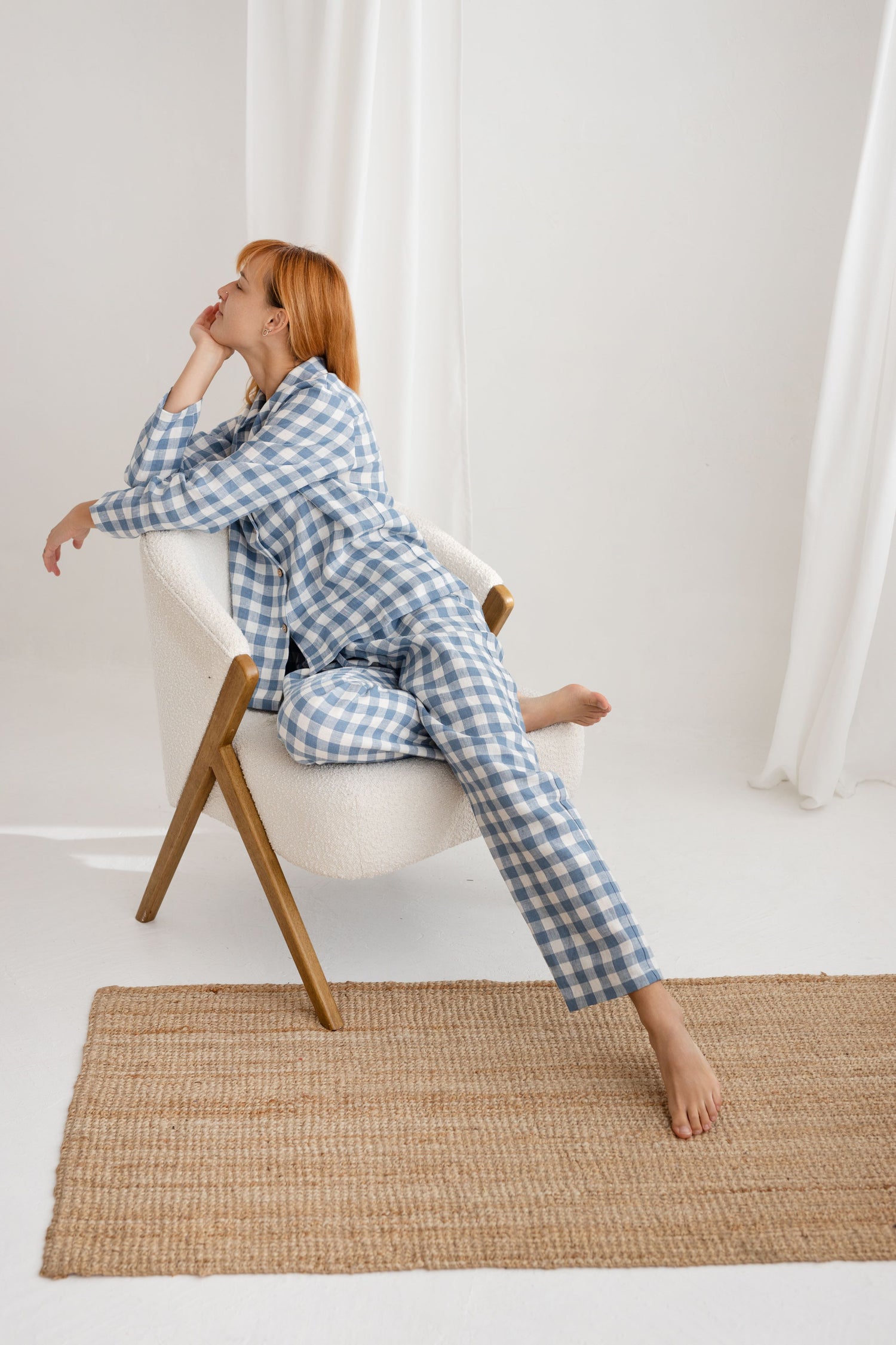 blue gingham women linen pajama set