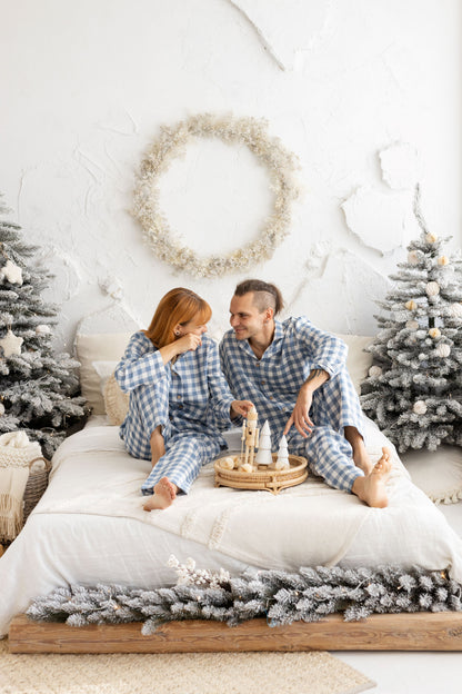 blue gingham women linen pajama set