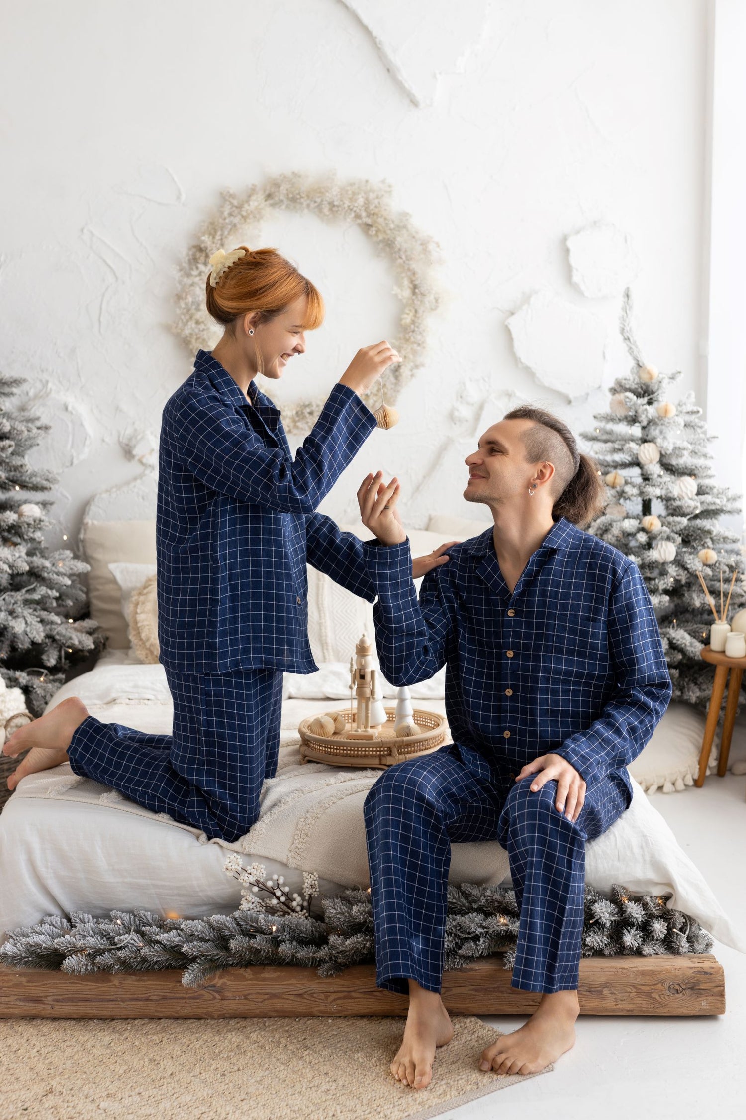 Navy Blue Windowpane Linen Pajama Set For Couple