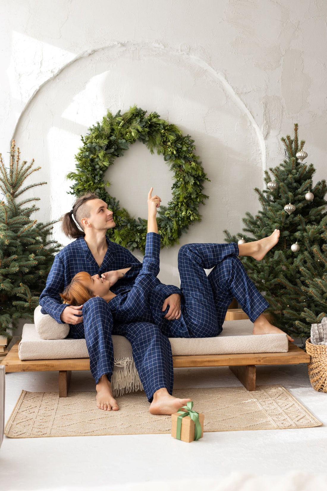 Navy Blue Windowpane Linen Pajama Set For Couple