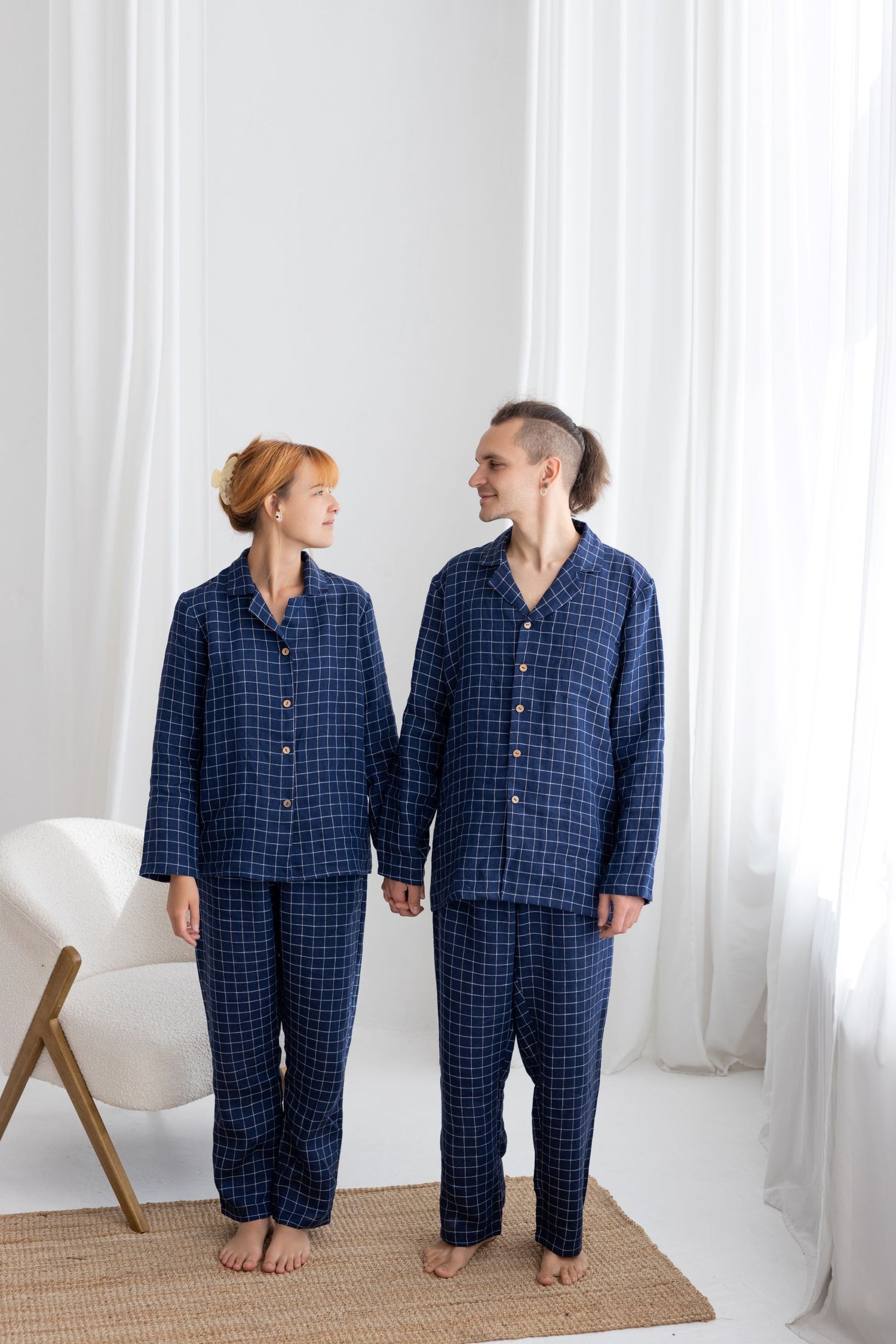 Navy Blue Windowpane Linen Pajama Set For Men