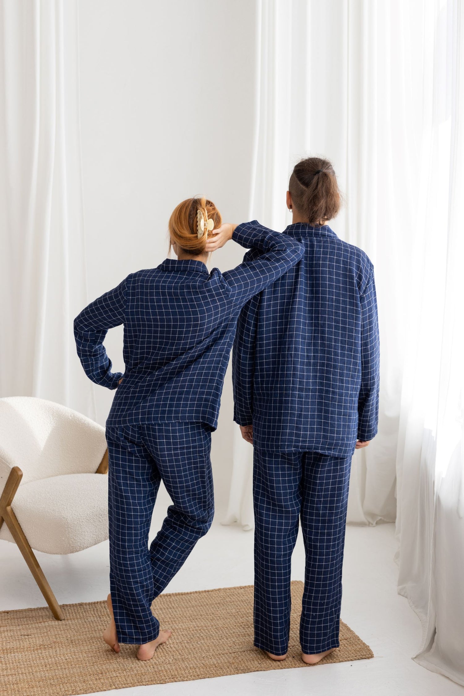 Navy Blue Windowpane Linen Pajama Set For Couple