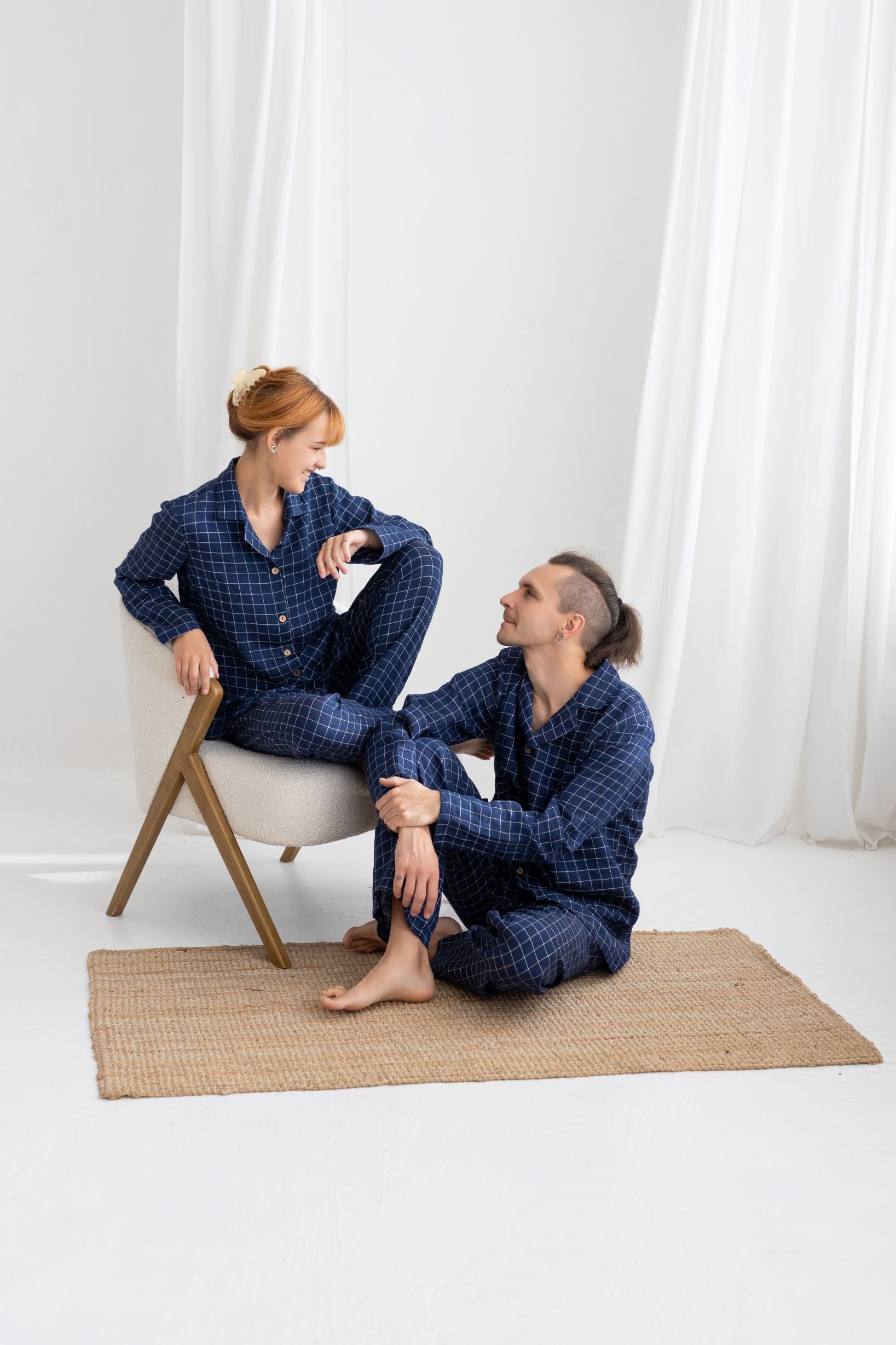 Navy Blue Windowpane Linen Pajama Set For Couple