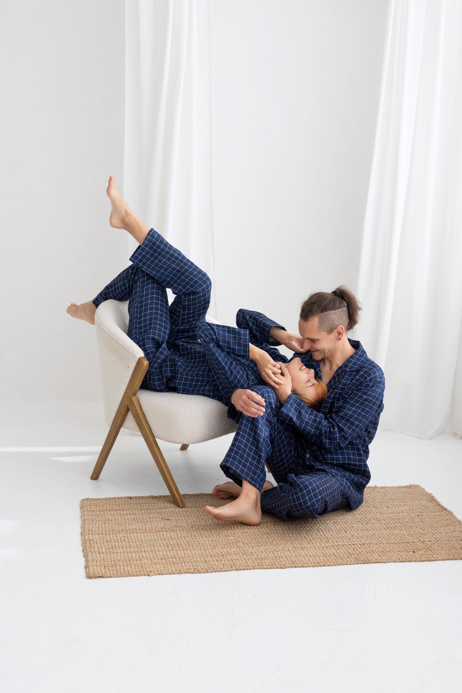 Navy Blue Windowpane Linen Pajama Set For Men