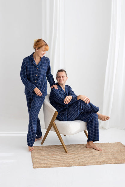 Navy Blue Windowpane Linen Pajama Set For Couple