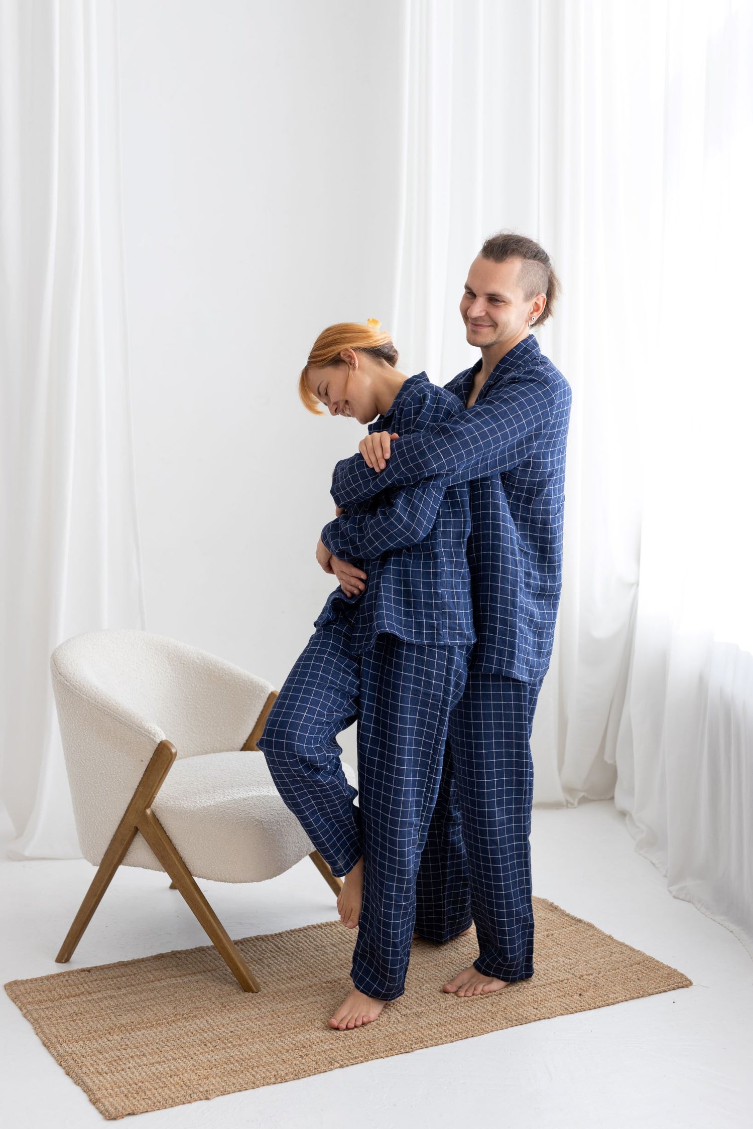 Navy Blue Windowpane Linen Pajama Set For Men