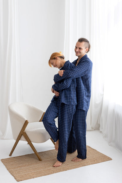 Navy Blue Windowpane Linen Pajama Set For Couple