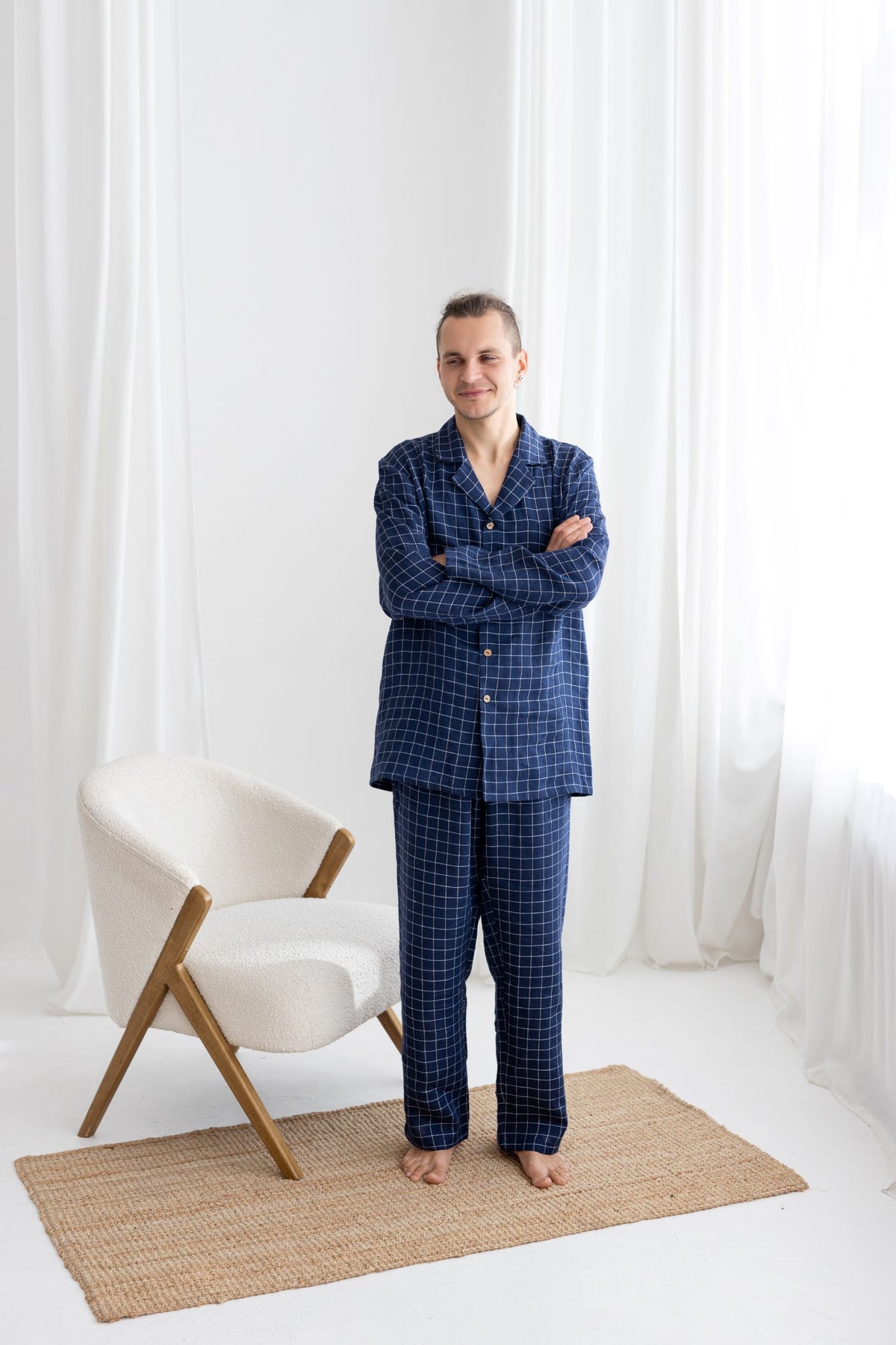 Navy Blue Windowpane Linen Pajama Set For Men