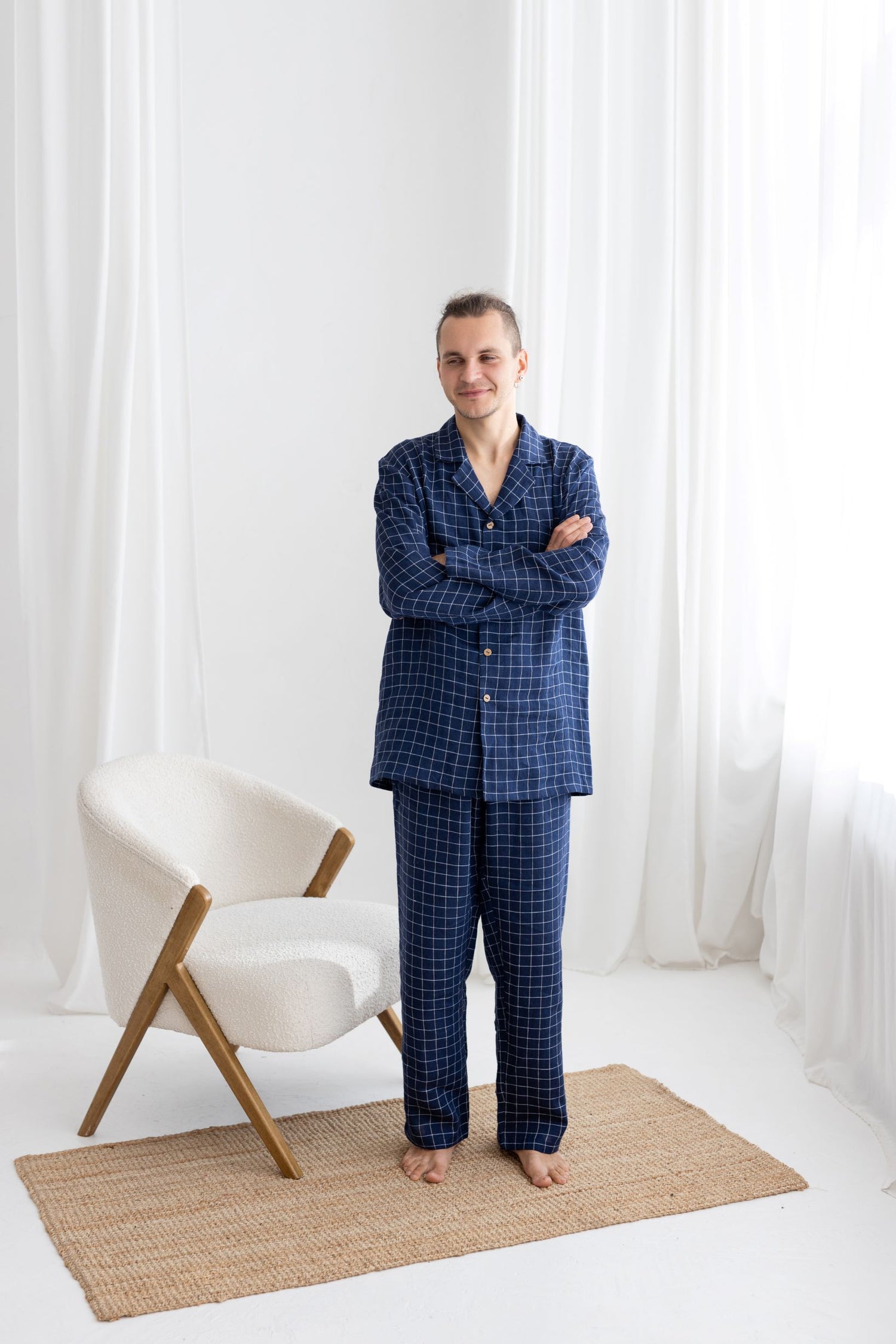 Navy Blue Windowpane Linen Pajama Set For Men
