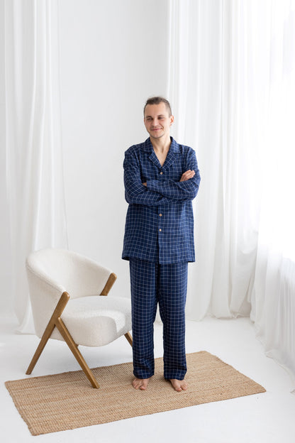 Navy Blue Windowpane Linen Pajama Set For Men