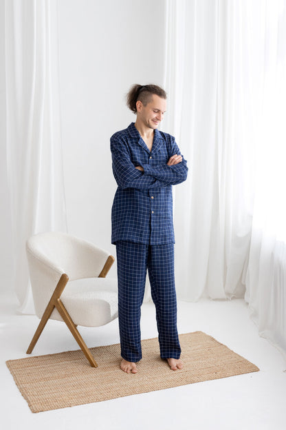 Navy Blue Windowpane Linen Pajama Set For Men
