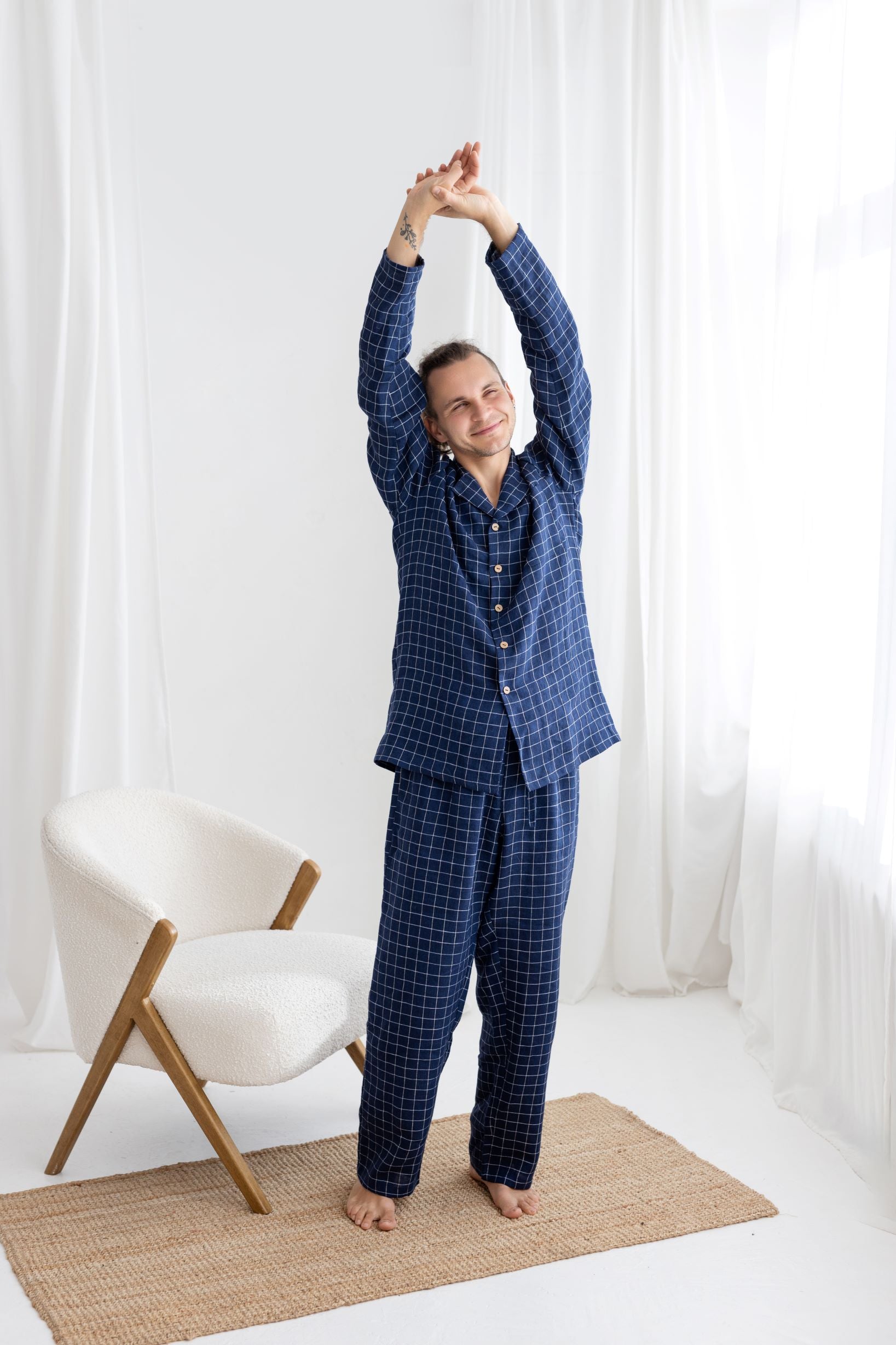 Navy Blue Windowpane Linen Pajama Set For Men