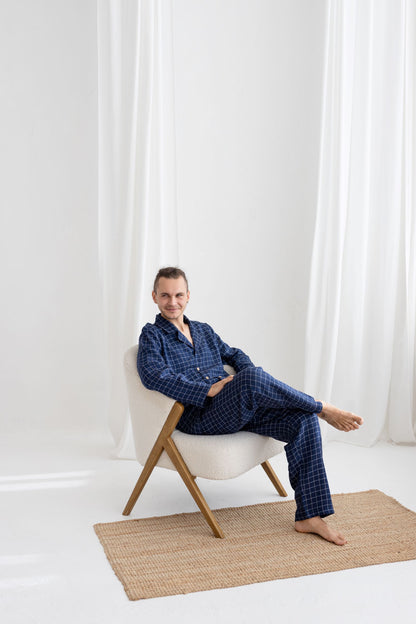 Navy Blue Windowpane Linen Pajama Set For Couple