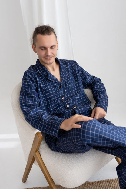 Navy Blue Windowpane Linen Pajama Set For Men
