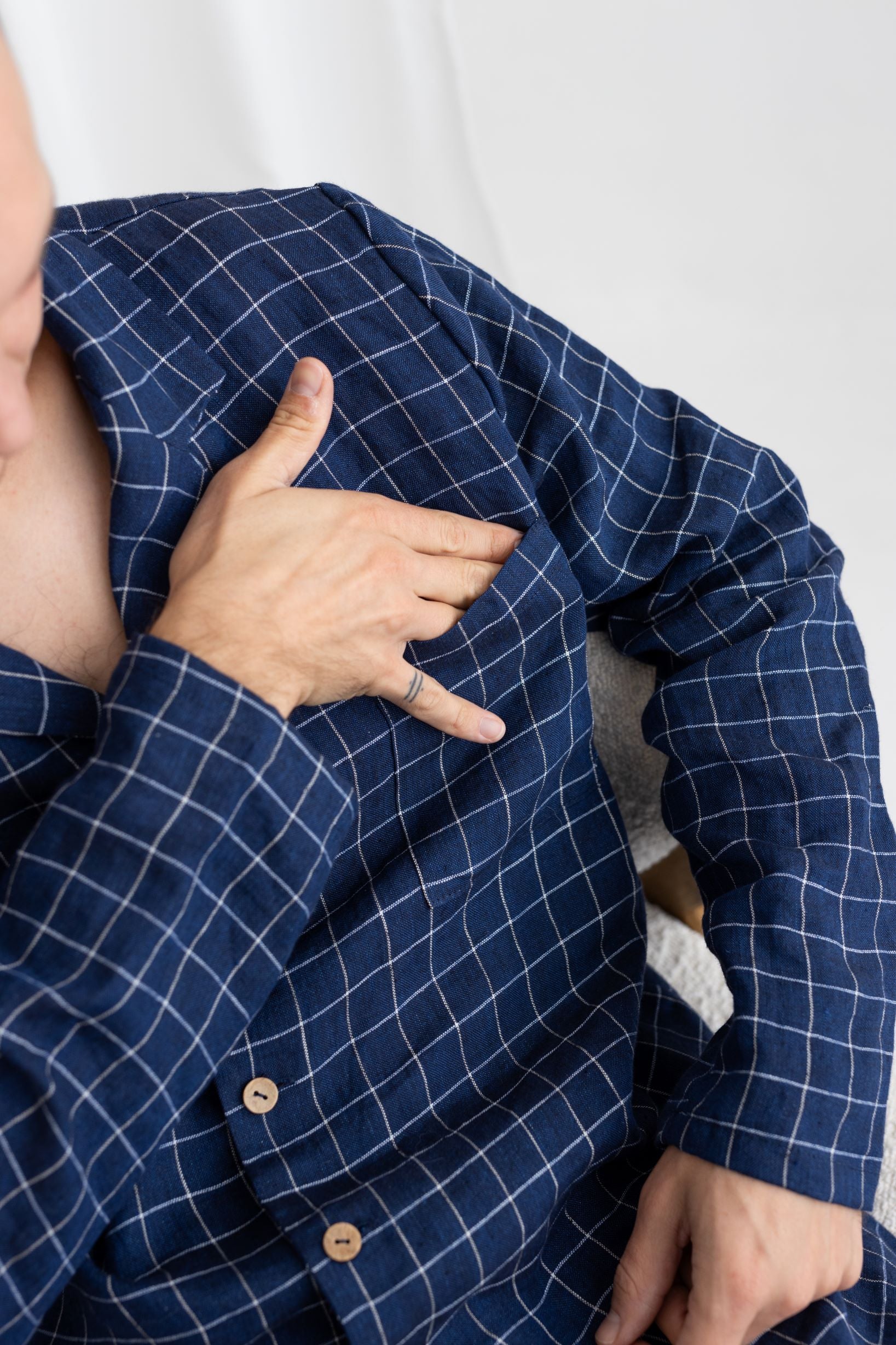 Navy Blue Windowpane Linen Pajama Set For Men