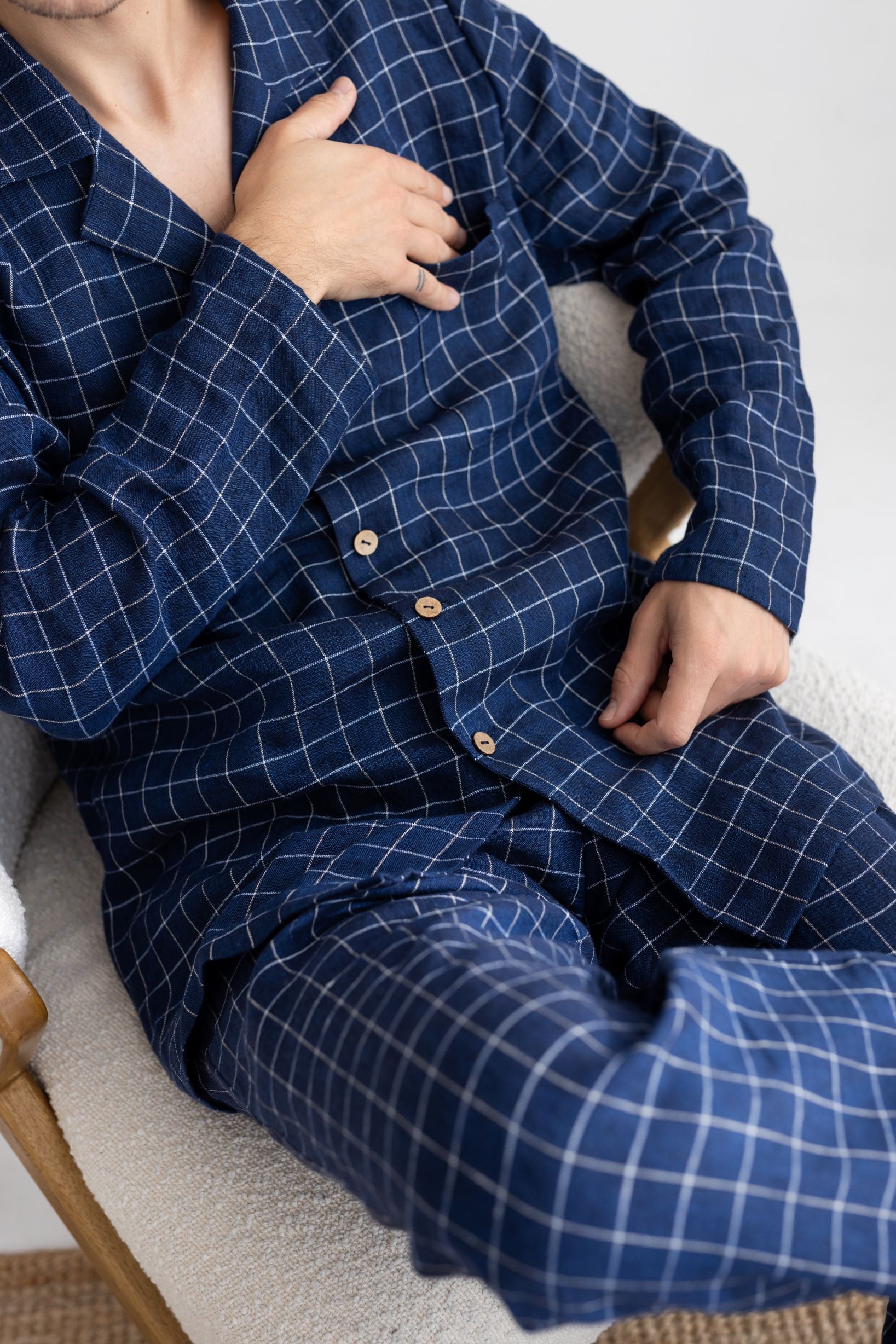 Navy Blue Windowpane Linen Pajama Set For Men