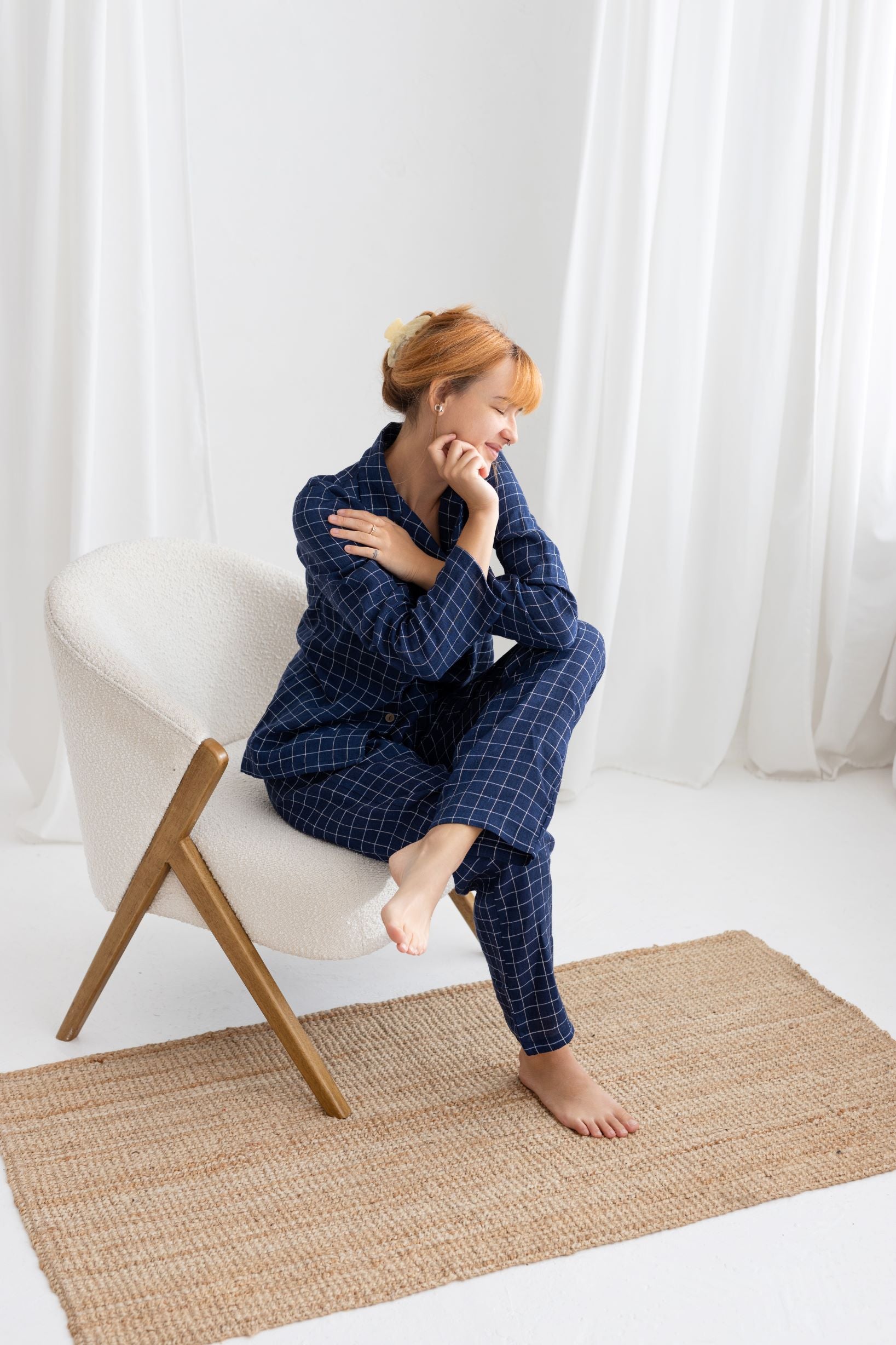 Navy Blue Windowpane Linen Pajama Set For Couple