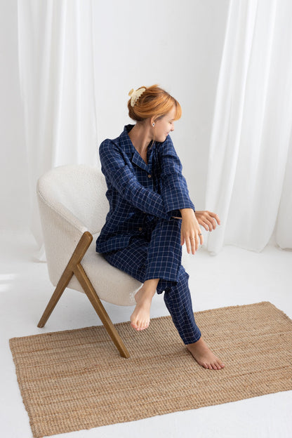 Navy Blue Windowpane linen pajama set