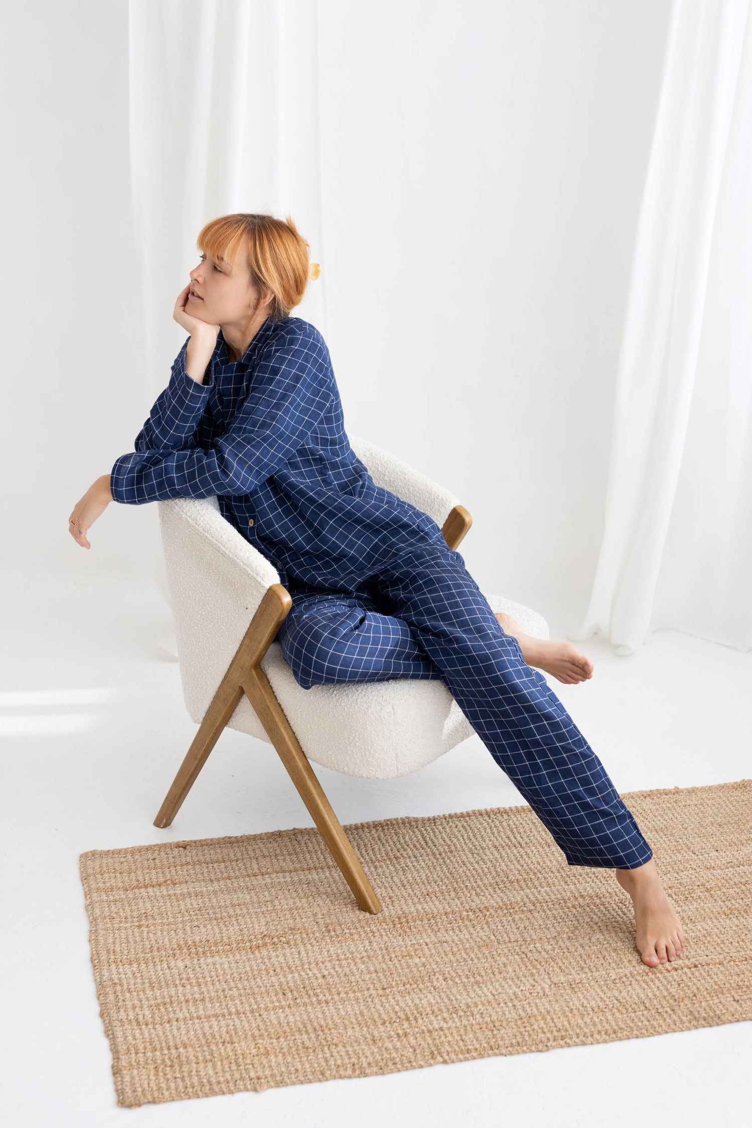 Navy Blue Windowpane linen pajama set