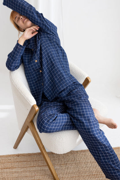 Navy Blue Windowpane linen pajama set