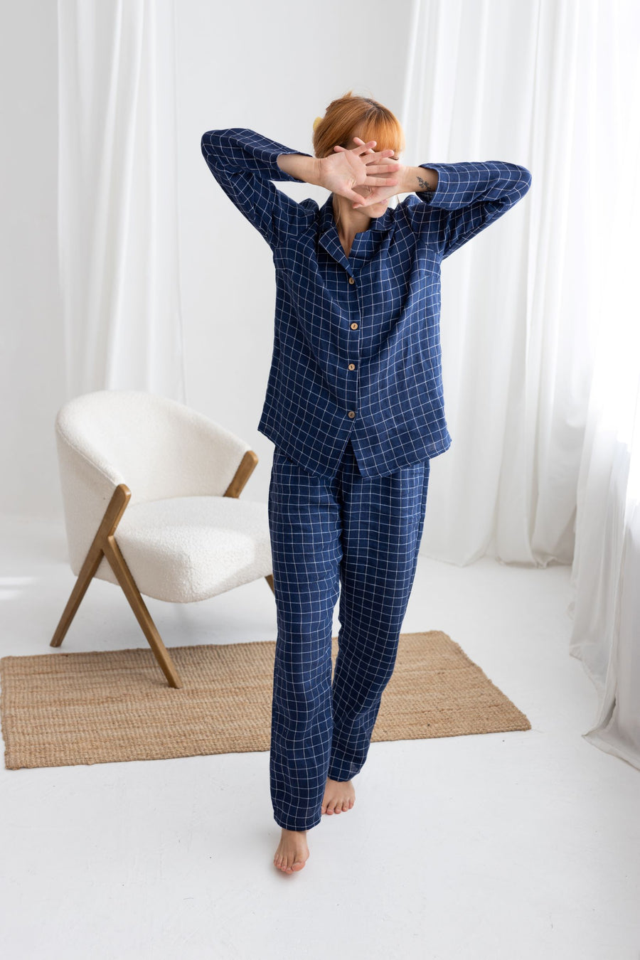 Navy Blue Windowpane Linen Pajama Set For Couple
