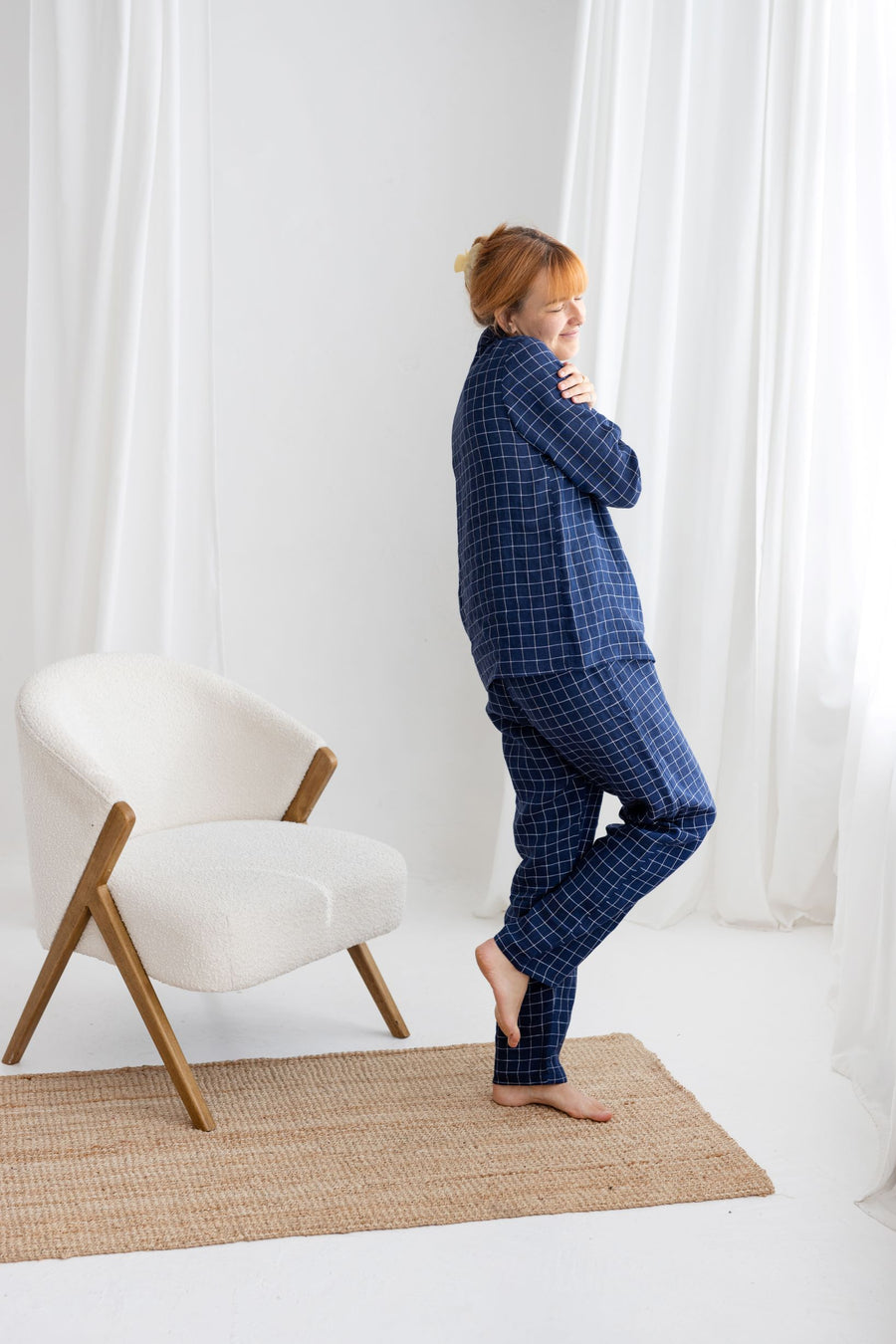 Navy Blue Windowpane linen pajama set