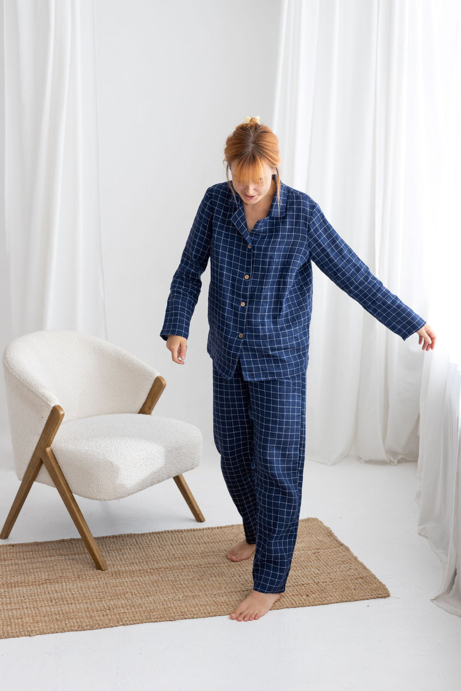 Navy Blue Windowpane Linen Pajama Set For Couple