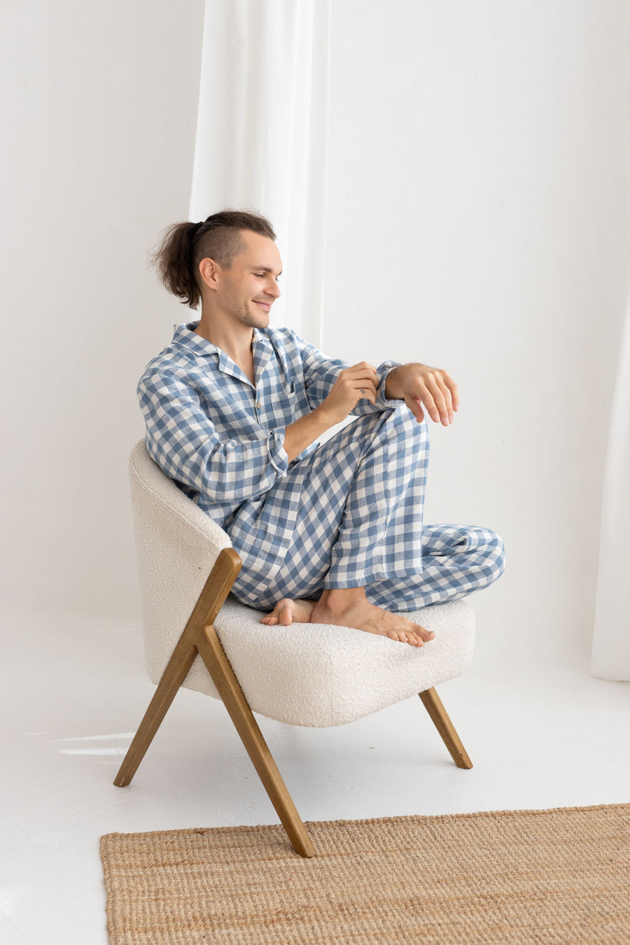 Light Blue Gingham Linen Pajama For Men