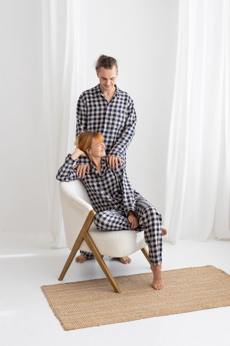 Deep Blue Gingham Linen Pajama Set For Couple