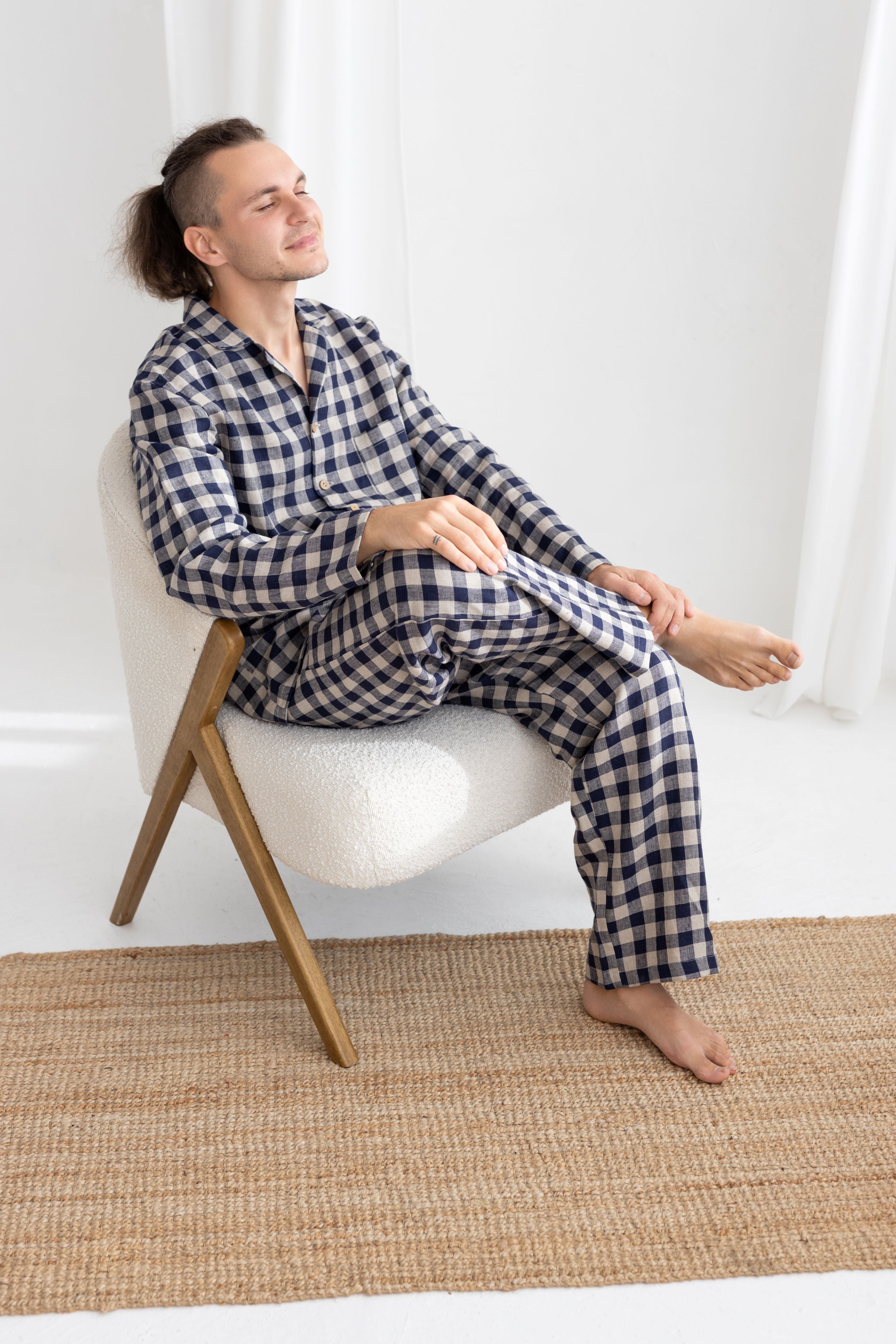 Deep Blue Gingham Linen Pajama Set For Couple