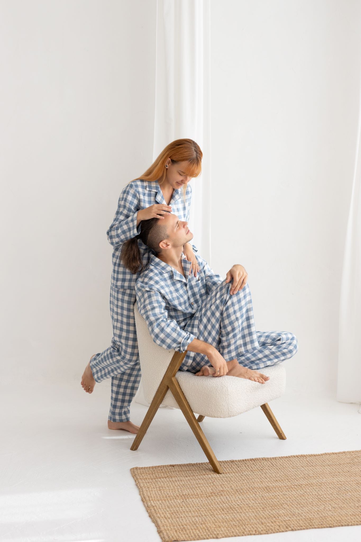 blue gingham women linen pajama set