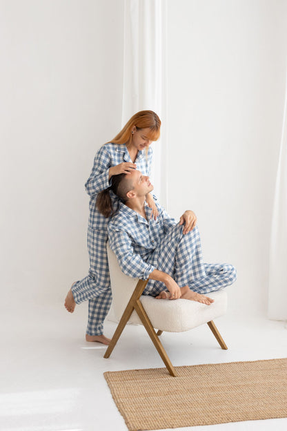 blue gingham women linen pajama set