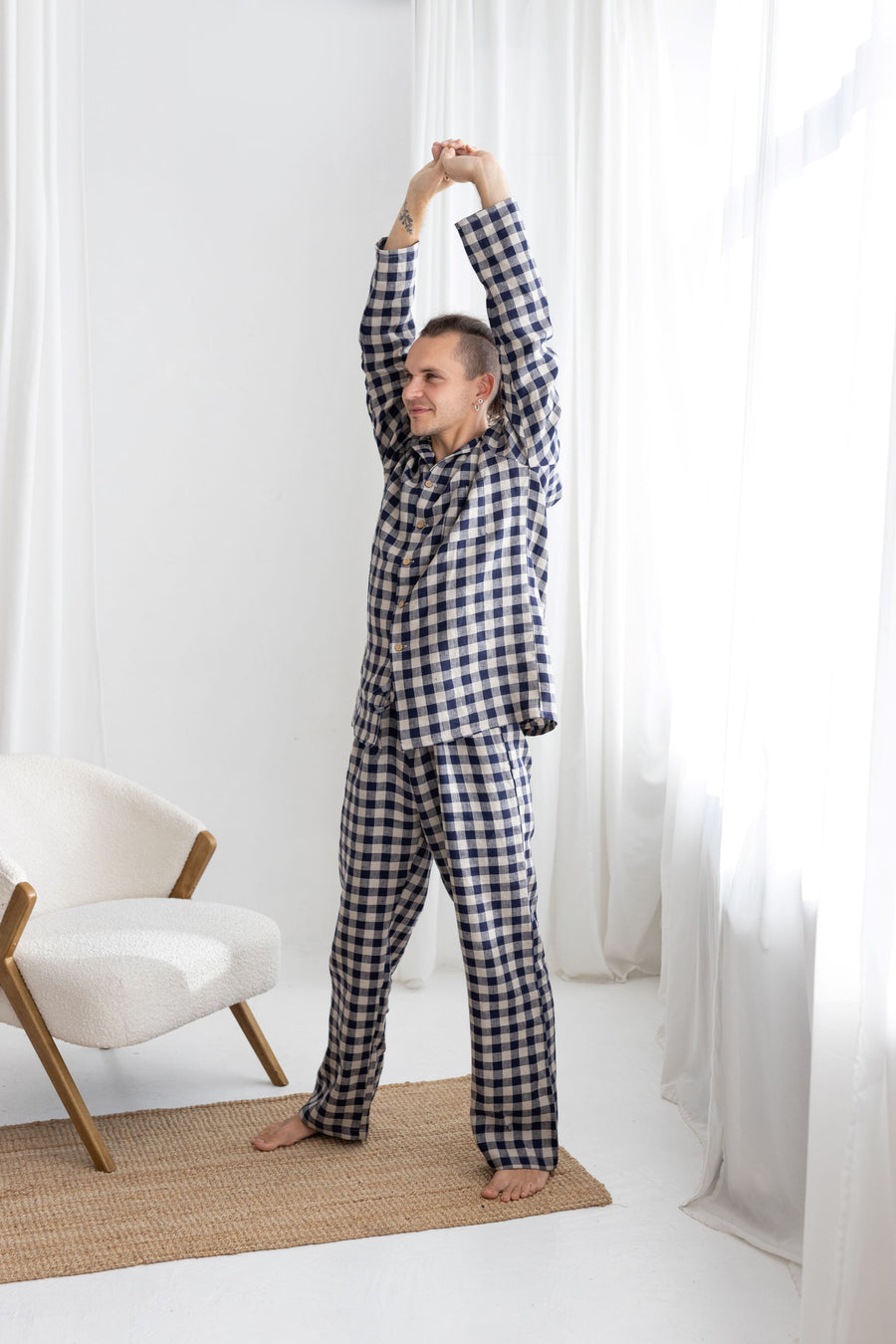 Deep Blue Gingham Linen Pajama For Men