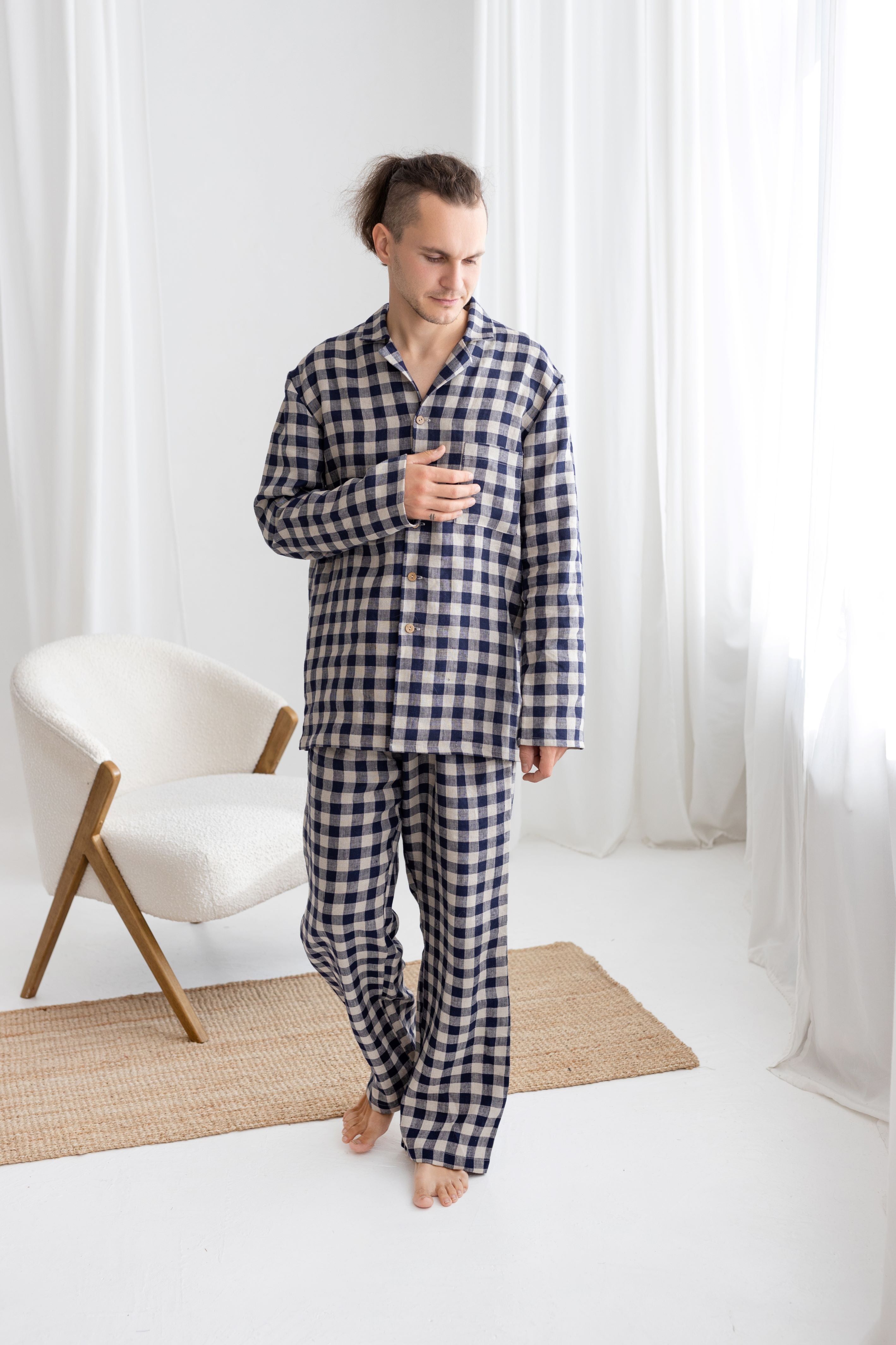 blue gingham linen men&
