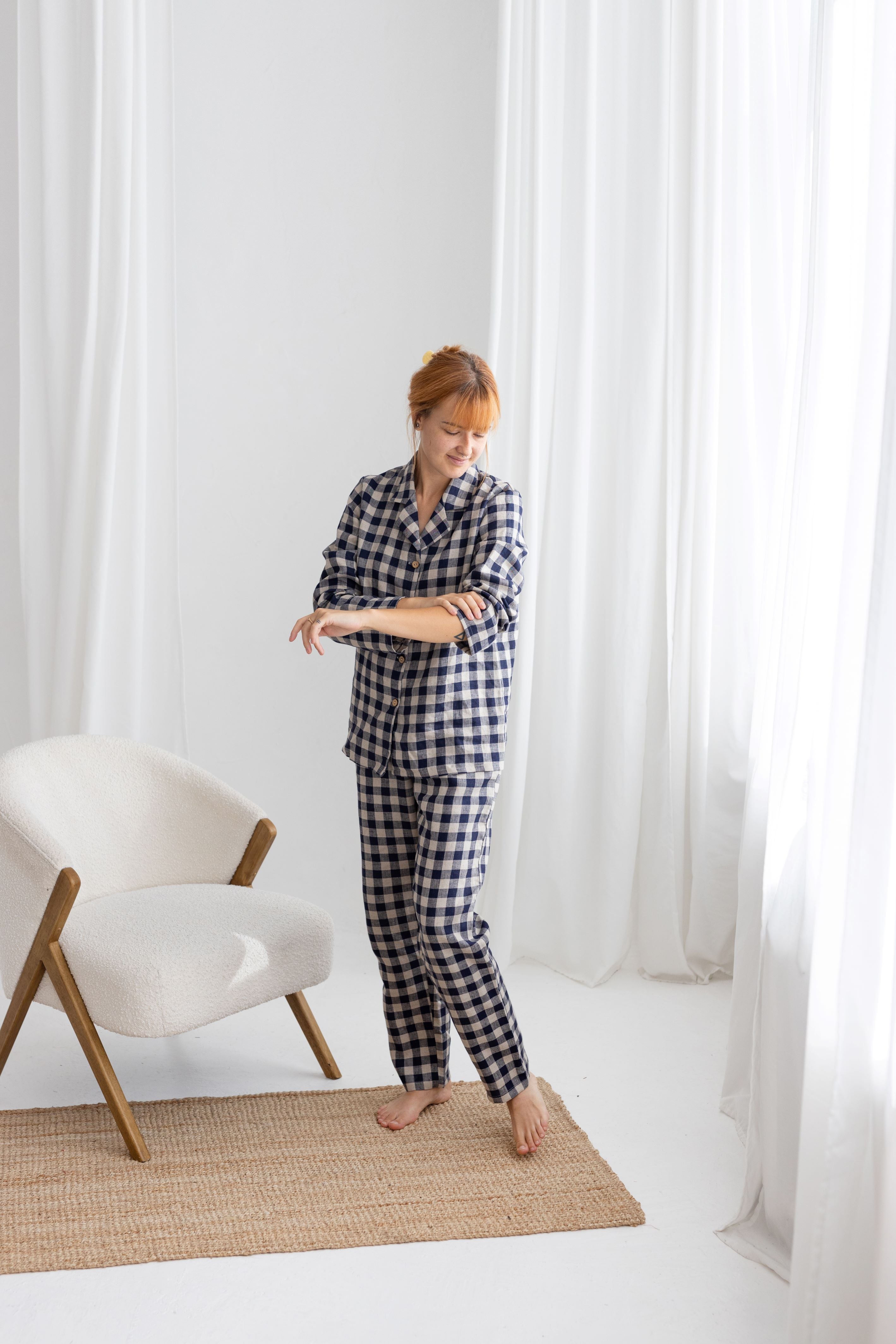 Deep Blue Gingham linen pajama set