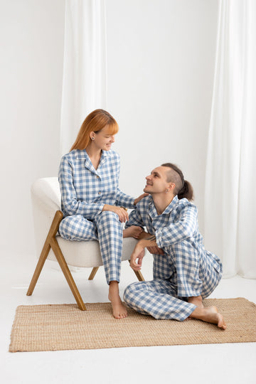 Light Blue Gingham Linen Pajama Set For Couple